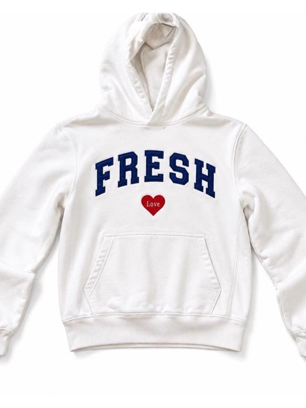 White 'FRESH' Hoodie with Red Heart Graphic